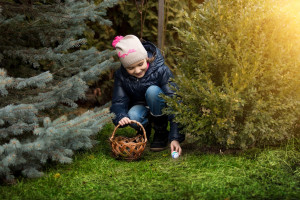 smiling girl taking Easter egg form under the bush a backyard
