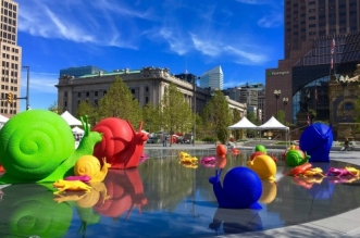 Kids can play in the fountain in Cleveland Public Square